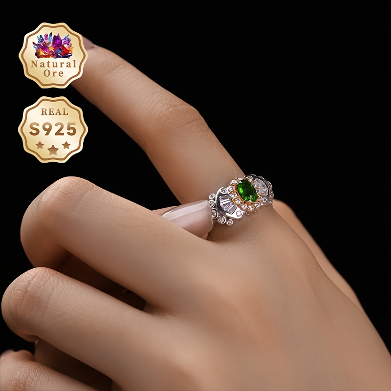 S925 Silver Green Translucent Gemstone Ring, Adjustable Design